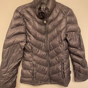 Grey, down, Calvin Klein, packable jacket.